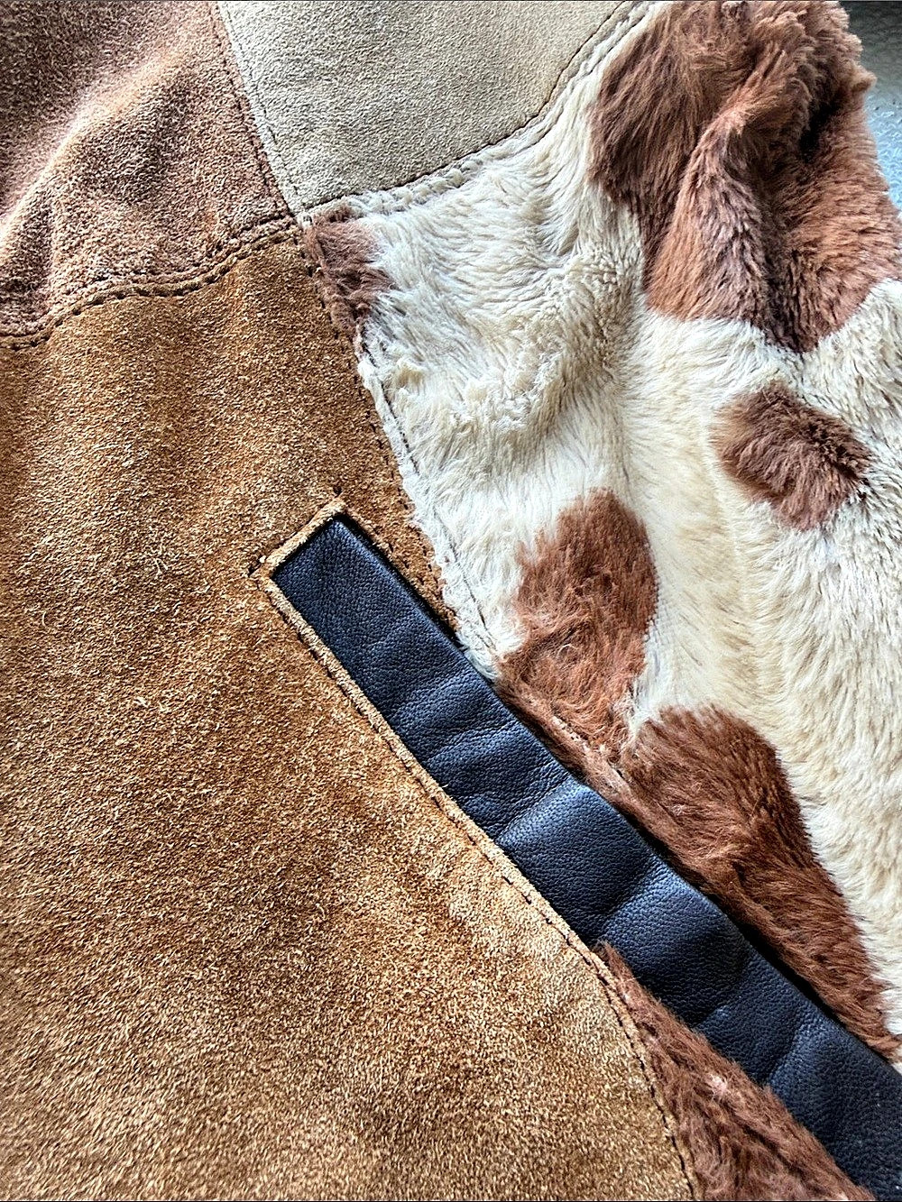 Vintage Express Patchwork Suede Leather Cow Print Coat Y2K Western Boho Size Med - Picture 6 of 11